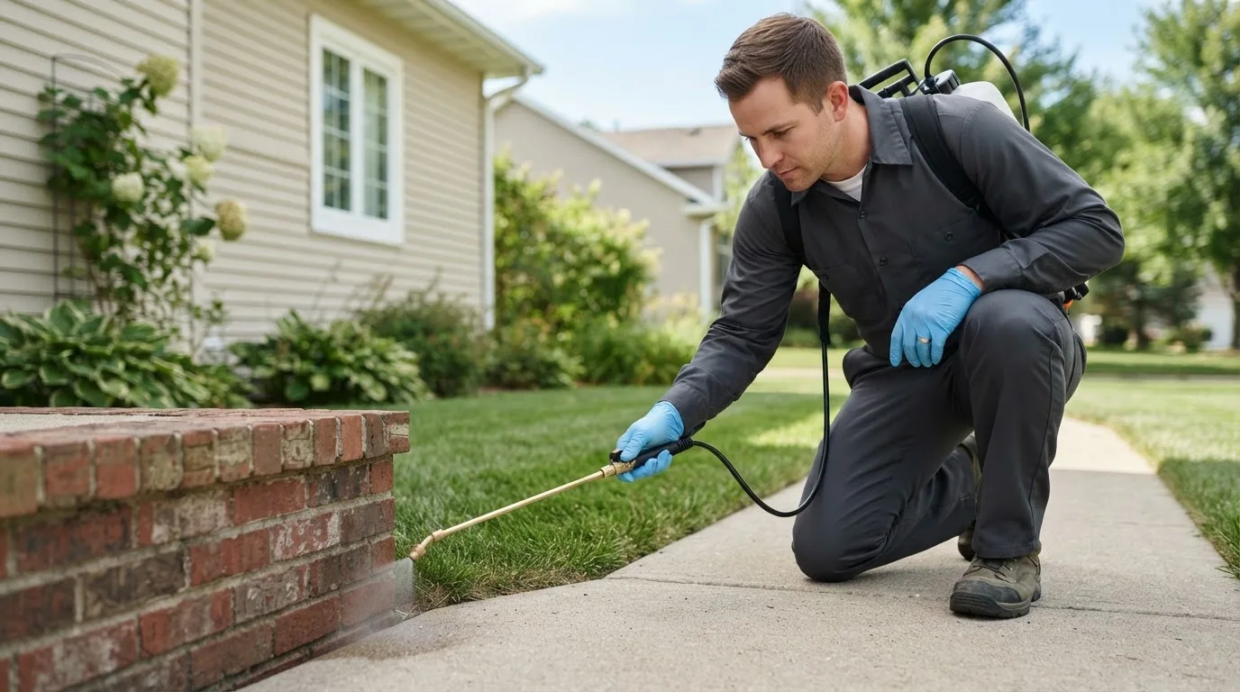 Pest control technician treating a home near Chillicothe, IA