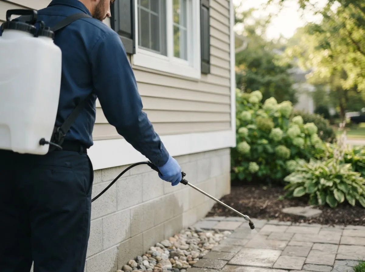 Pest control technician inspecting a home in Chillicothe, IA